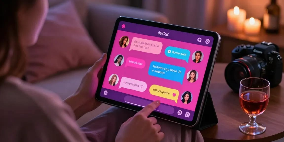 Engaging user with sex chat AI app in romantic lighting setting, showcasing character avatars and animated conversations.