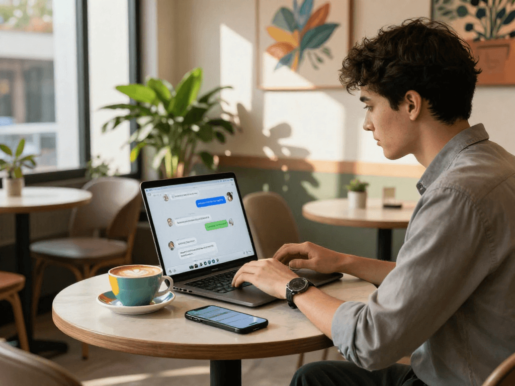 Young professional engaging with spicy ai chat on laptop in a vibrant cafe.