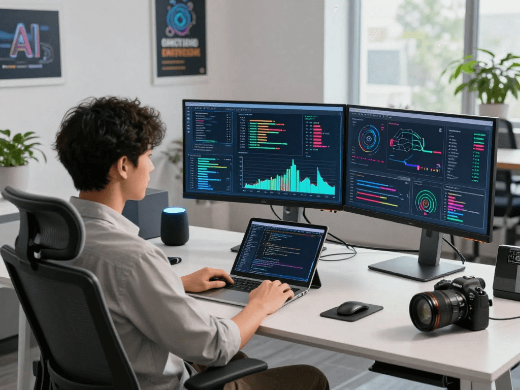 Dynamic AI workspace featuring hot ai data analytics on screens with green plants.