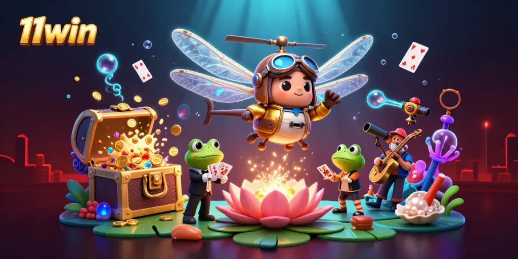 Join the fun at 11win with lively characters surrounding a vibrant casino scene, showcasing gaming excitement.