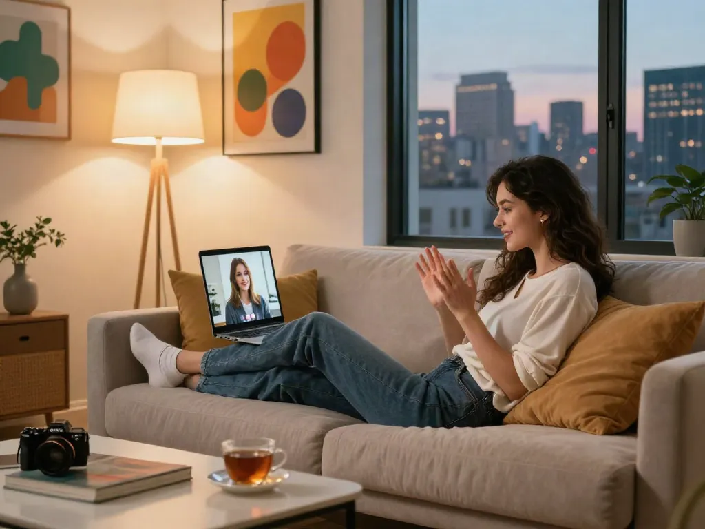 Elegant young woman discussing נערות ליווי בחיפה options in a stylish urban apartment.