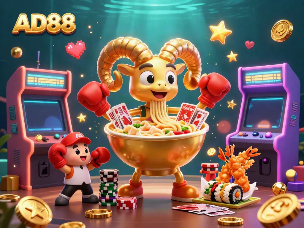 Experience the casino thrill with AD88's vibrant games featuring a dynamic ramen bowl character surrounded by arcade elements.
