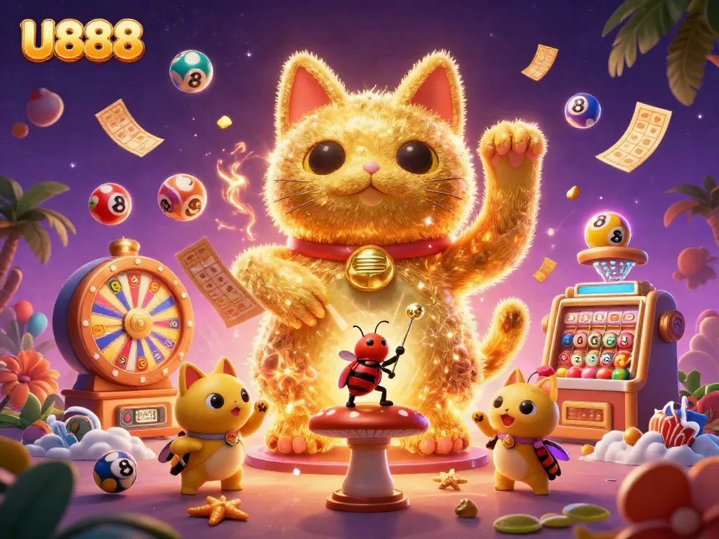 U888 showcases a vibrant lucky cat surrounded by lottery elements in a dynamic casino scene.