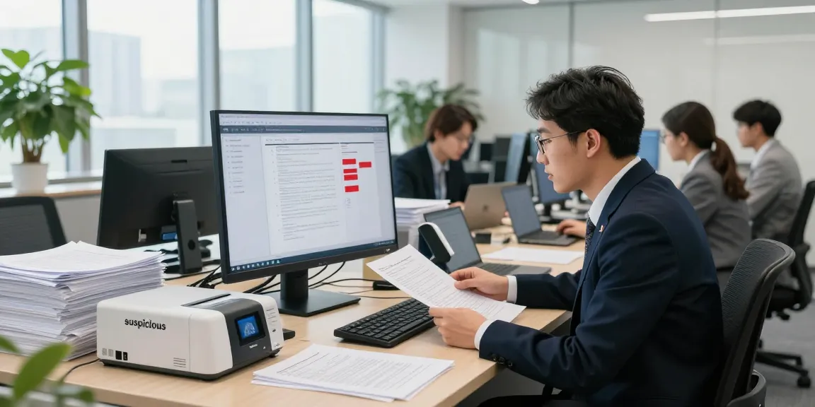 Compliance officer using document fraud detection technology in a modern office.