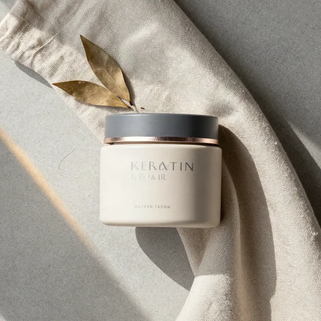 Maschera riparatrice in vaso basso tra lino piegato, foglie secche e ciocche opache.