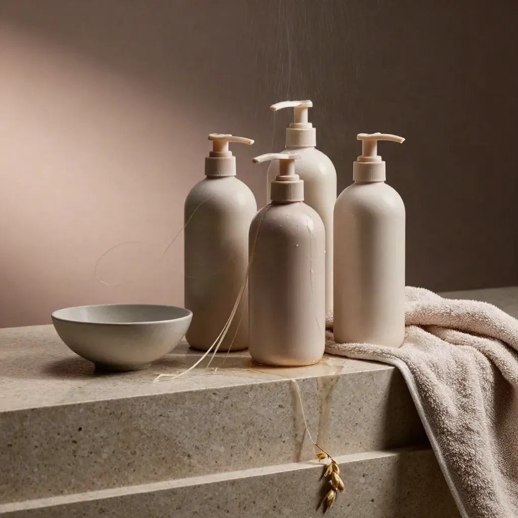 Set riparazione capelli secchi con shampoo, maschera e olio su lino e ceramica.