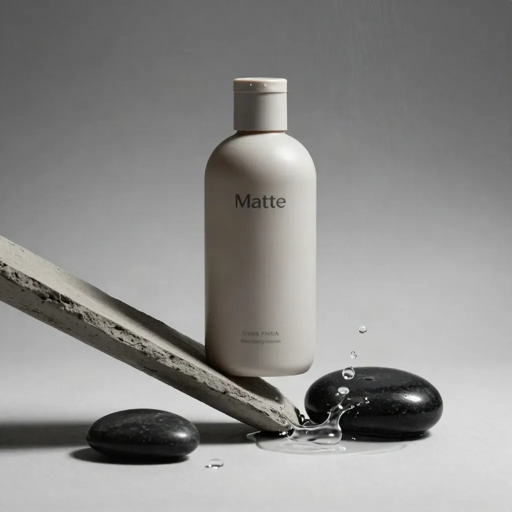 Bottiglia di shampoo purificante con argilla grigia, pietra nera e spruzzi sospesi su fondo scuro