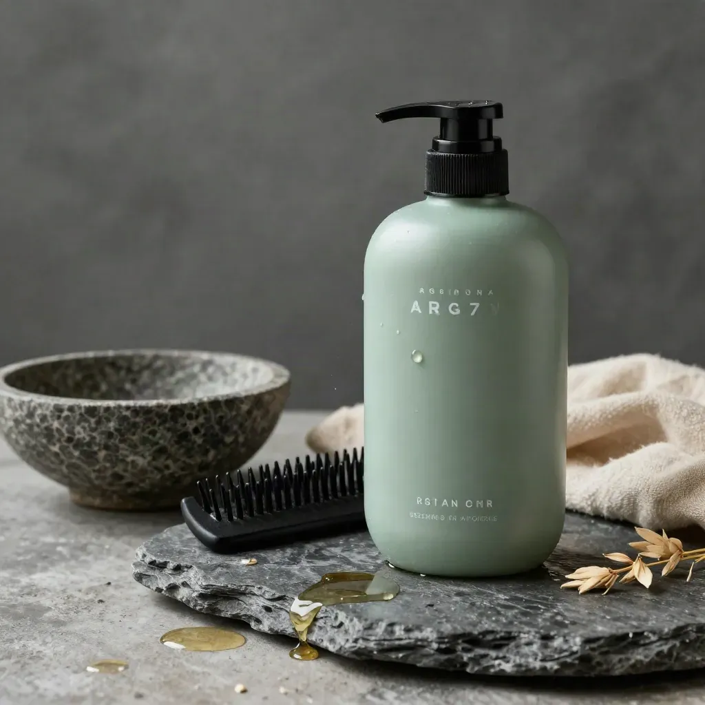 Flacone shampoo all’argan su pietra nera con pettine e ciotola, luce drammatica