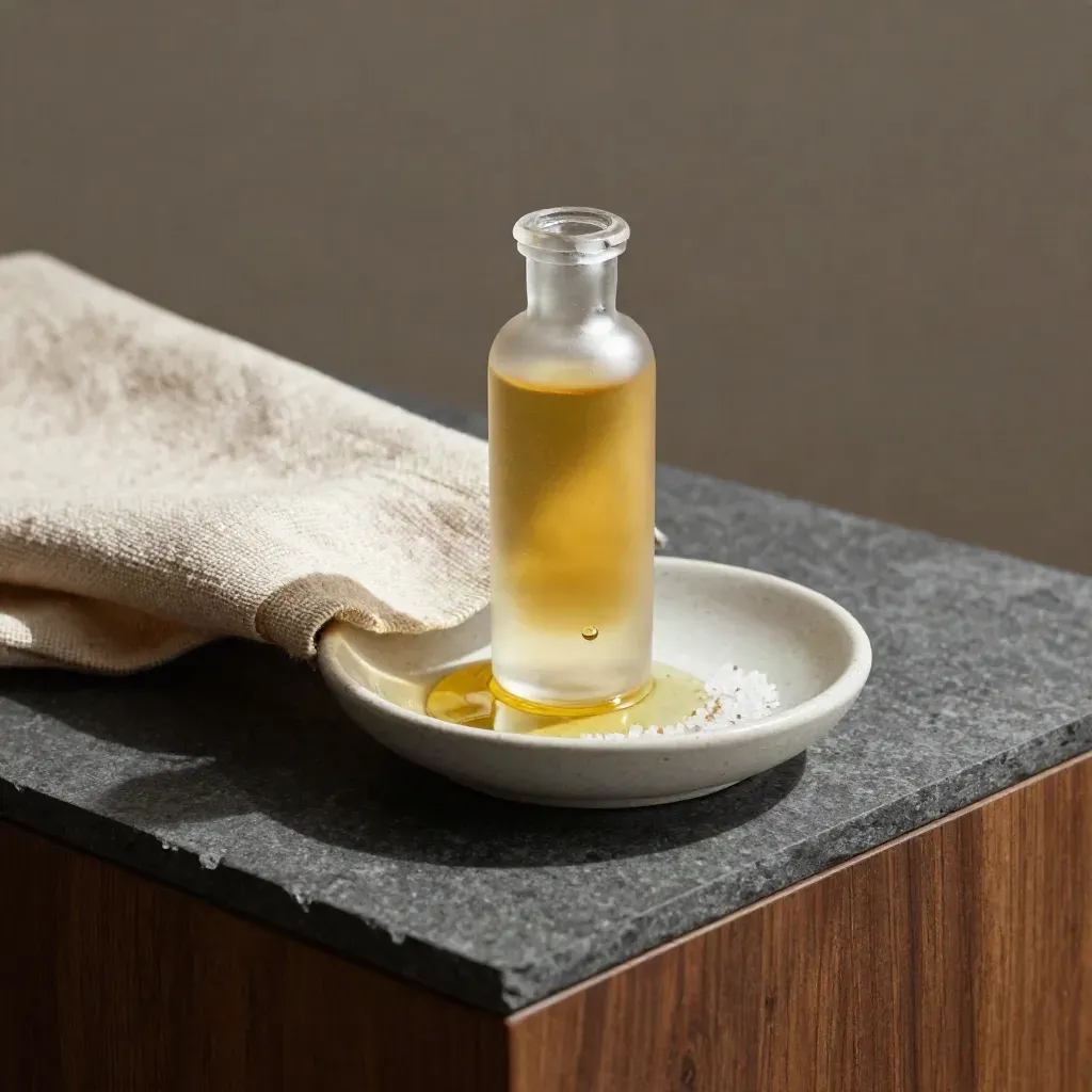 Bottiglietta satinata di olio argan su ceramica, lino grezzo e goccia ambrata.