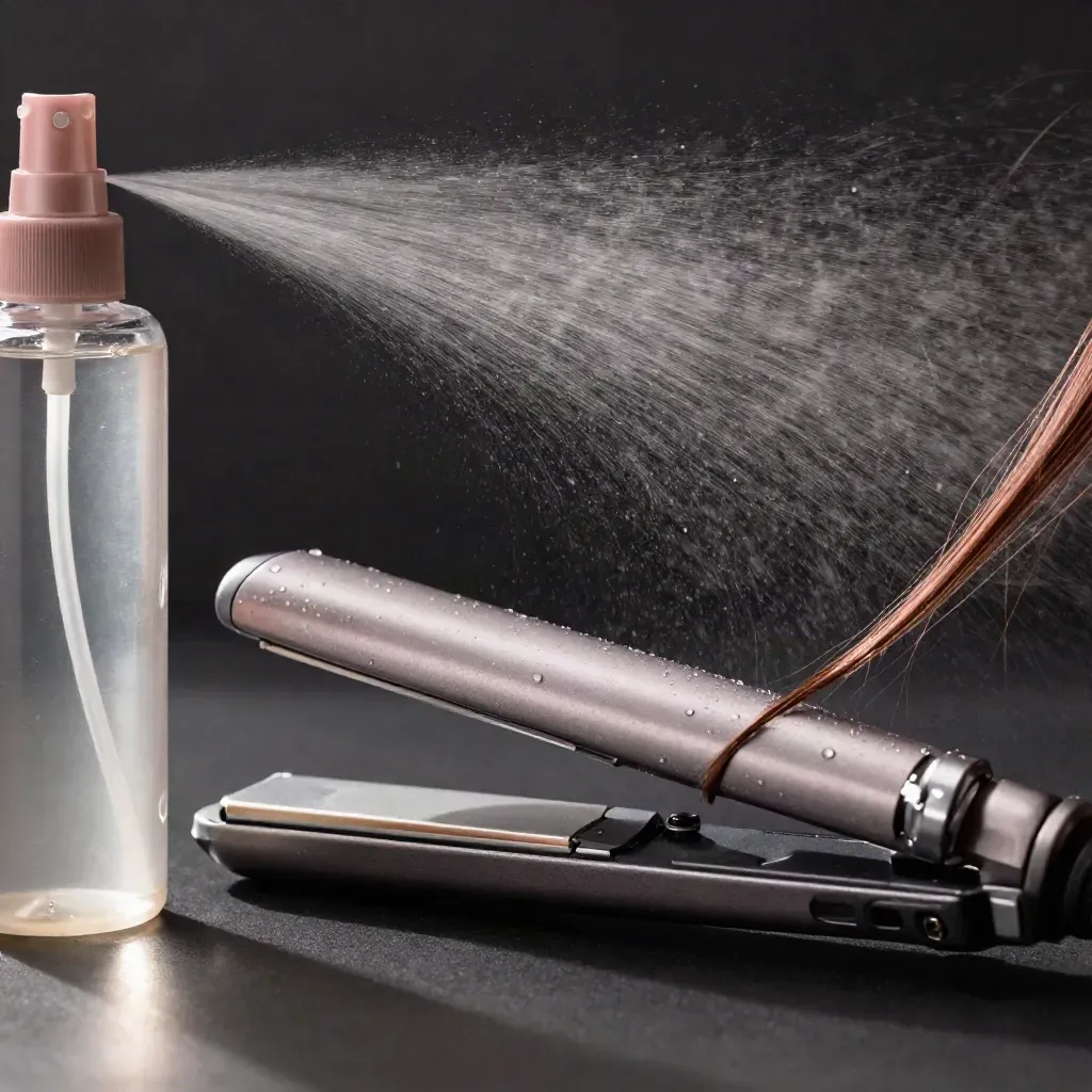 Flacone spray termoprotettore, piastra metallica e nebbiolina rosa su fondo nero