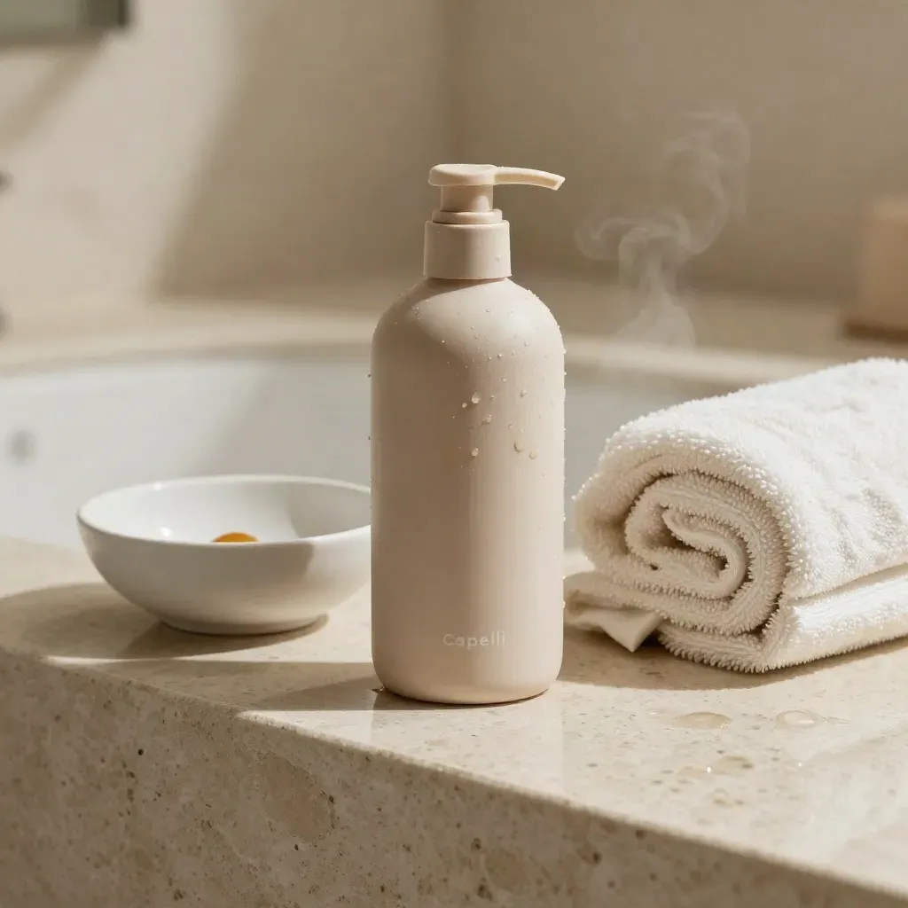 Flacone shampoo argan su travertino con ciotola in ceramica e telo arrotolato, con vapore leggero.