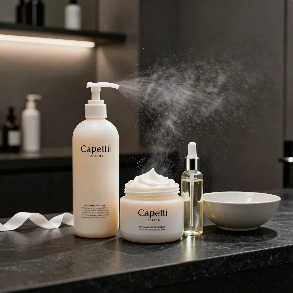 Set per capelli secchi con shampoo, maschera e olio su sfondo scuro, con ciocche chiare in movimento
