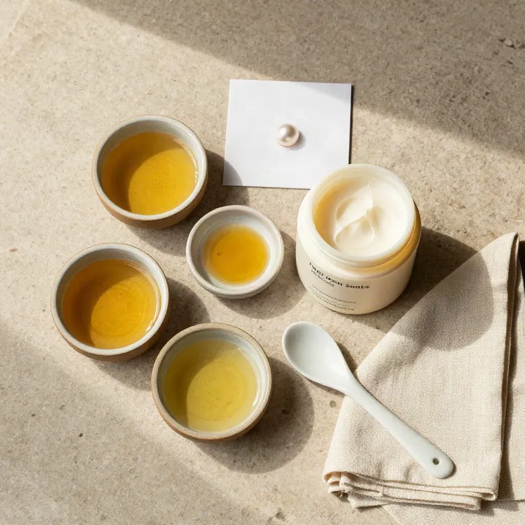 Maschera nutriente con tre ciotoline d’olio e cucchiaio su lino e pietra, vista dall’alto.