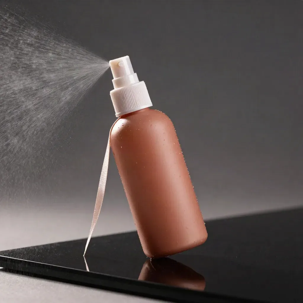 Spray lucidante nero su base scura con nebulizzazione rosa cipria e luce drammatica.