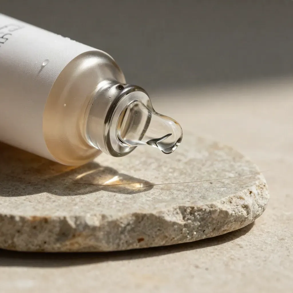 Fialetta satinata di siero leggero con goccia su vetro fumé e ciocca fine su pietra.