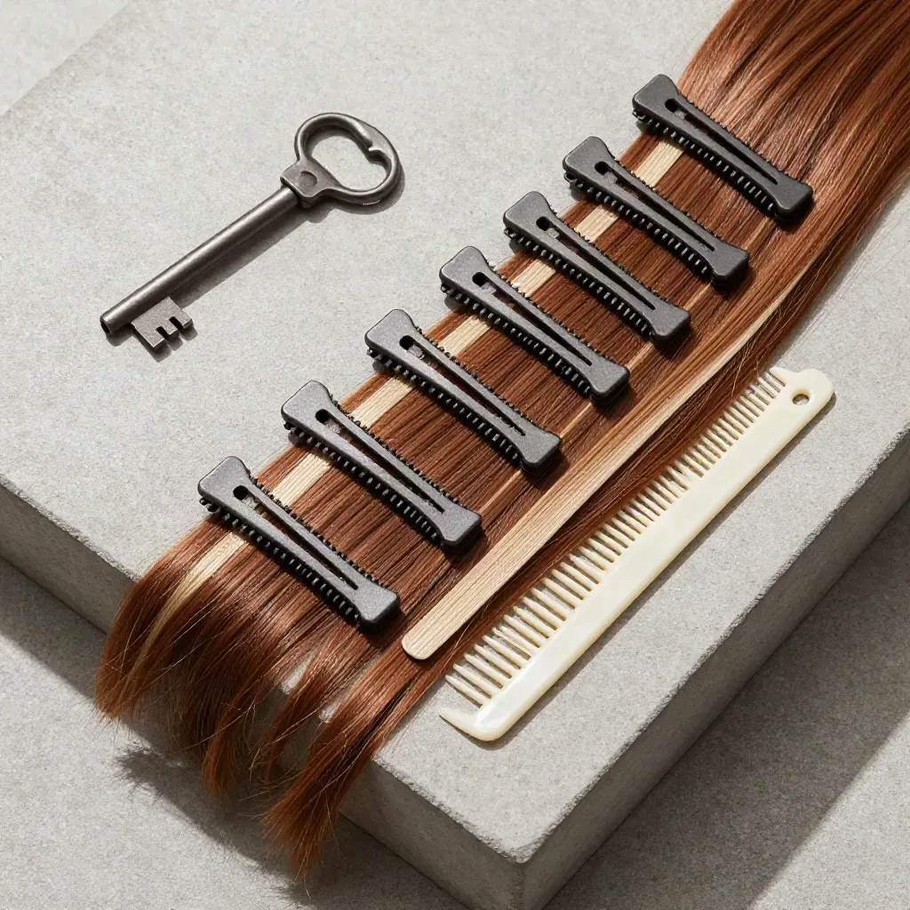 Flatlay dall’alto con sette clip extension castano su ciocca uniforme e pettine neutro