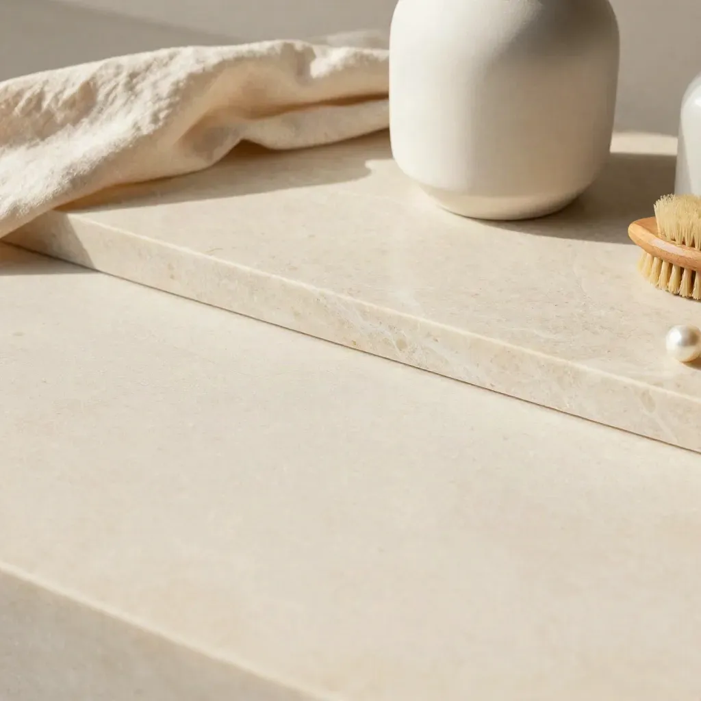 Lastra di marmo crema con bordo in travertino, lino e vaso opaco illuminati dal sole.