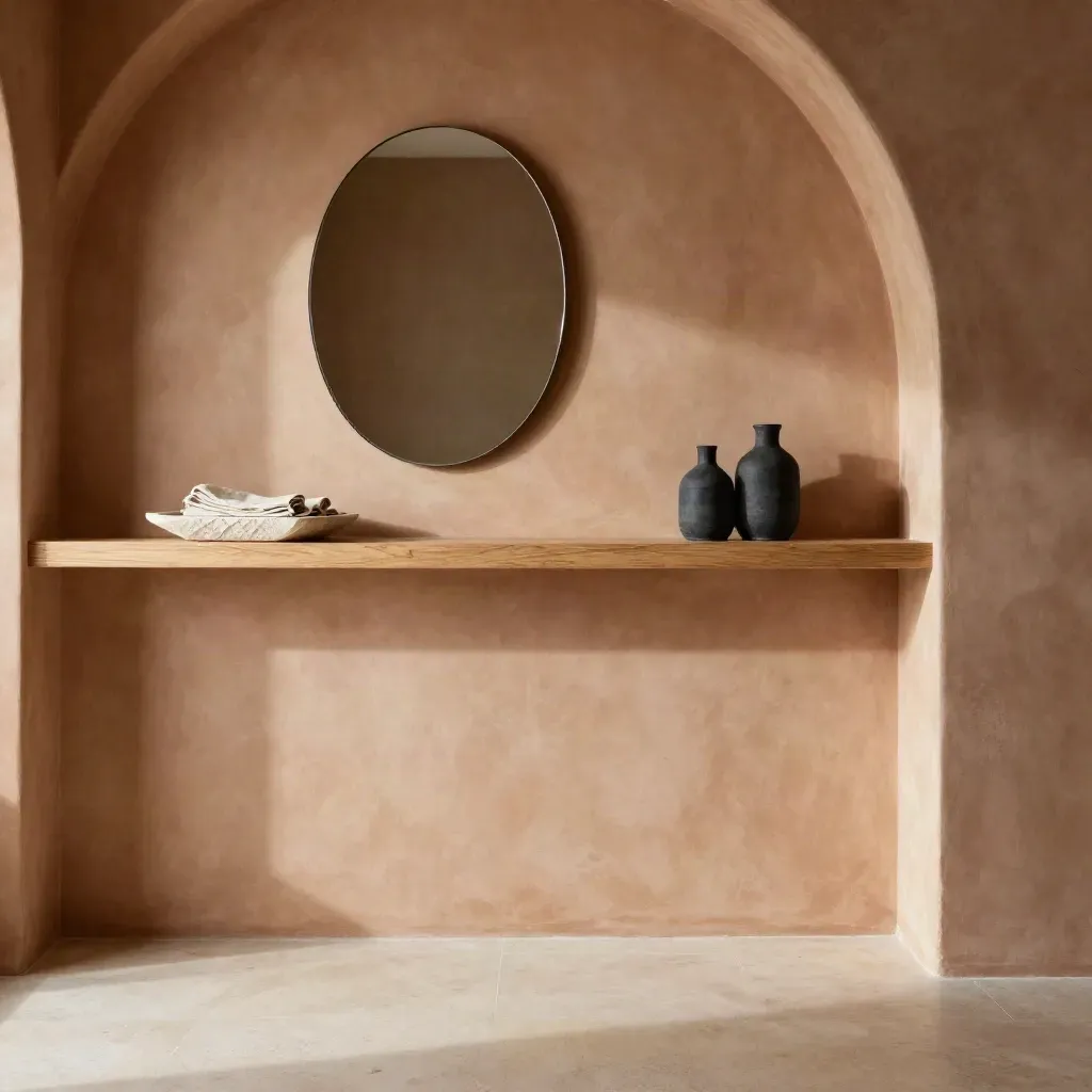 Bagno contemporaneo con arco in calce, specchio opaco e mensola di rovere, luce morbida e piano vuoto.