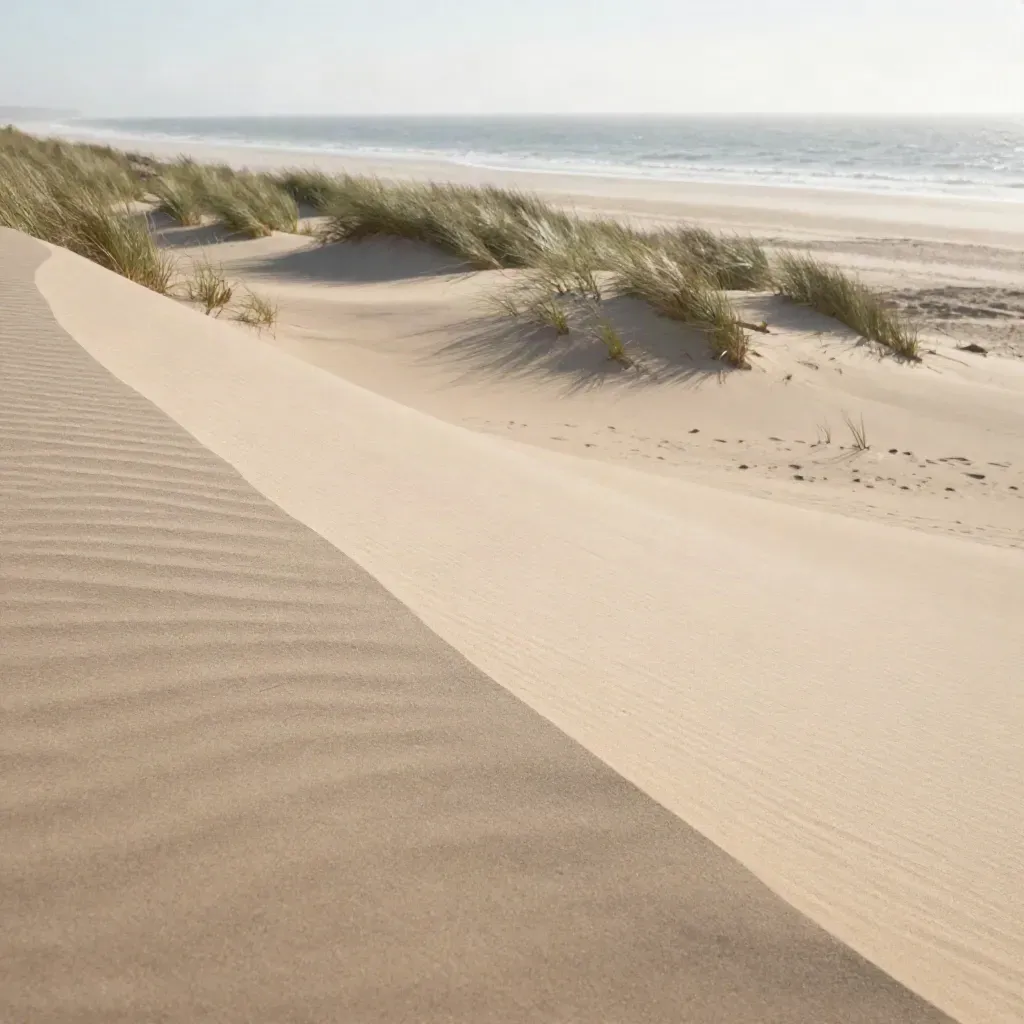 Cresta di dune chiare, mare sfocato e rami mossi dal vento in una luce calda e ariosa.