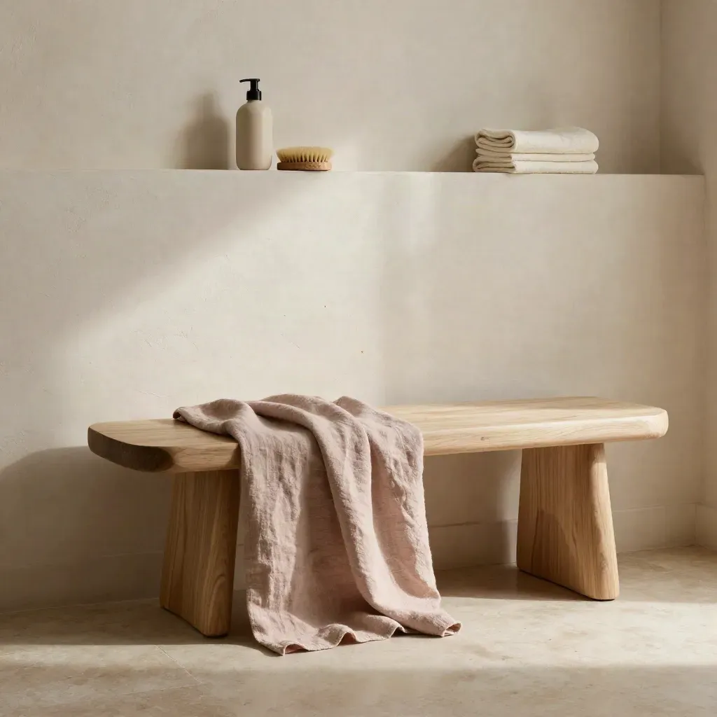 Salone luminoso in gesso e legno, con drappo chiaro e luce dorata soffusa.
