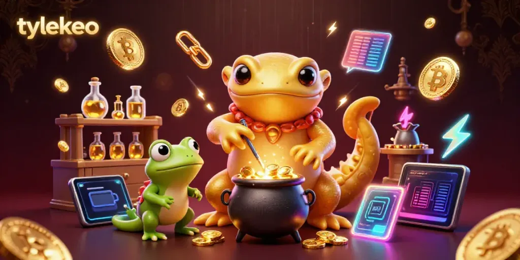 Tylekeo reveals the golden alchemist turning base metals into coins, highlighting cryptocurrency elements.