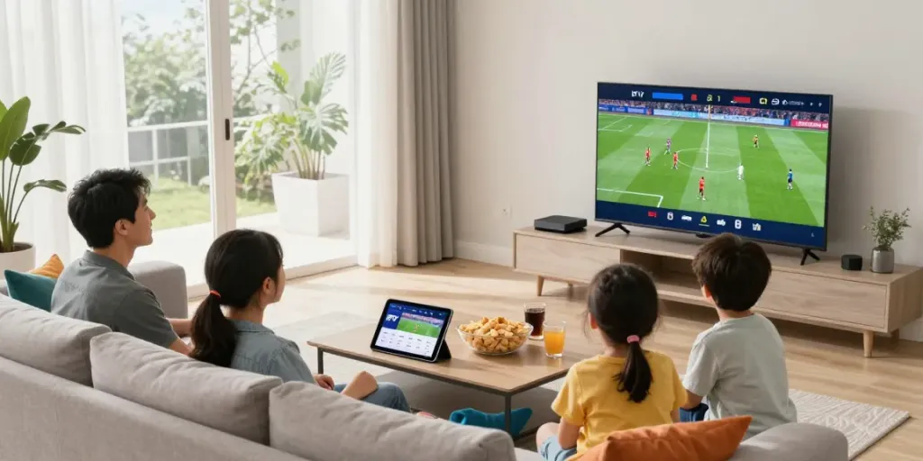 Family using test IPTV to watch live sports in a cozy living room.