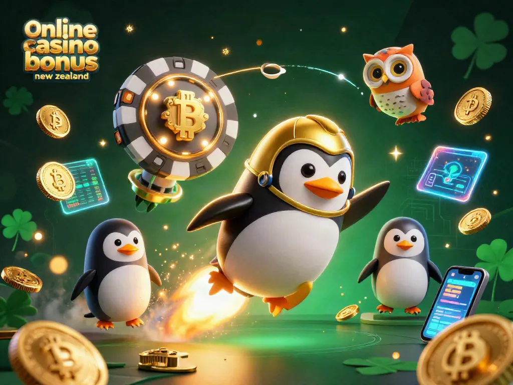 Engage with the thrilling online casino bonus new zealand featuring cartoon penguin racing to a poker chip station.