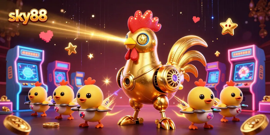 Engage with sky88's vibrant gaming scene featuring a golden rooster robot amidst animated game elements.