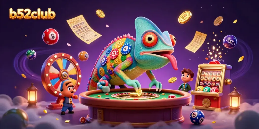 Play exciting games at b52club with a colorful dynamic scene showcasing casino elements.