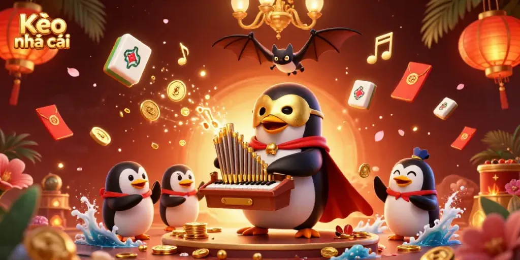 Bet on Kèo nhà cái with a vibrant scene of a phantom opera penguin and golden coins.