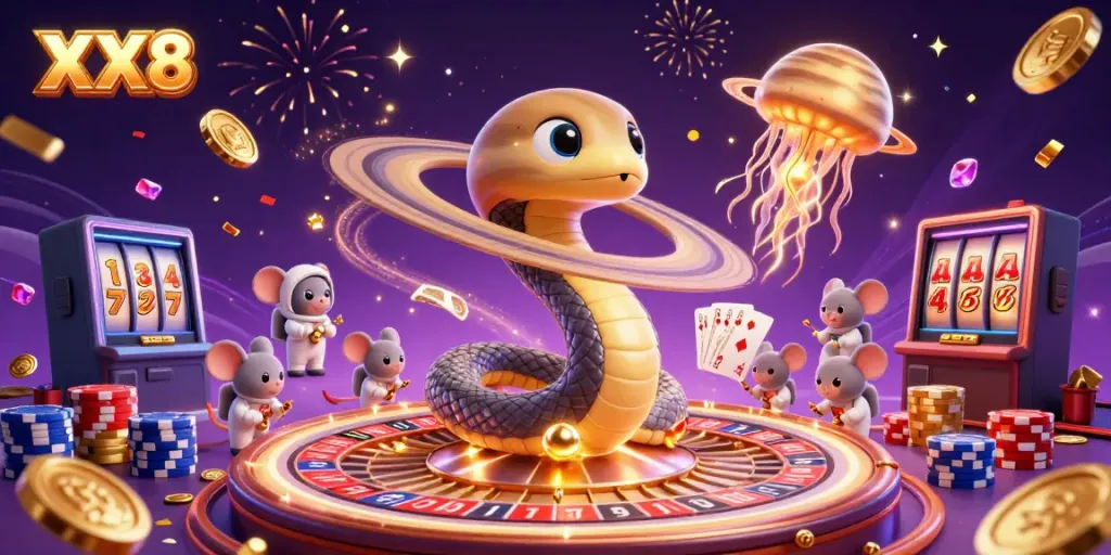 Engaging 3D scene showcasing XX8's cosmic casino with playful characters and vibrant gambling elements.